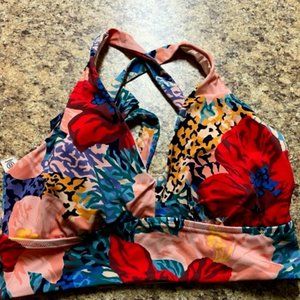 Athleta Swim Bikini Top and Boy Swim shorts Pink Red Tropical Print